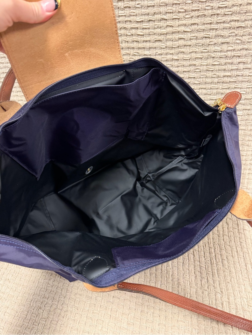 Longchamp Dark Purple Nylon Shoulder Bag with Brown Leather Trim - Picture 5 of 7